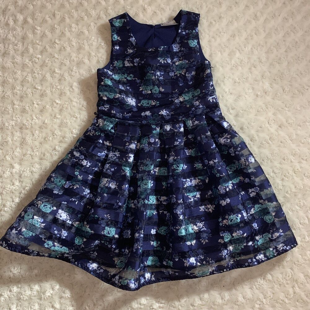 Knit Works Girls Size 6 Striped Easter Dress Sleeveless Floral Blue